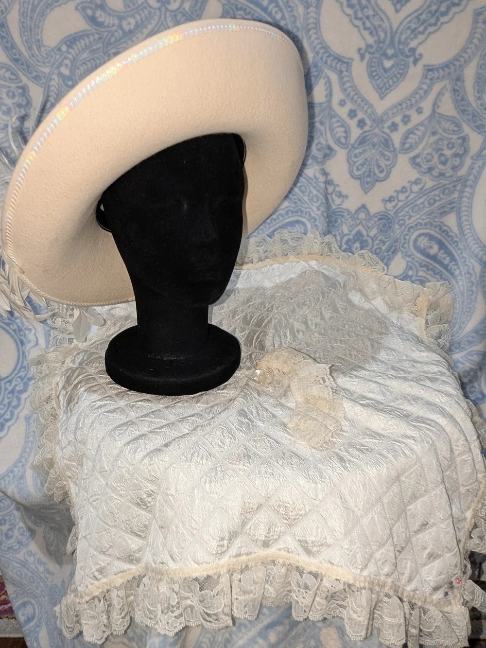 Cream Wide-Brim Felt Hat with Feather Trim